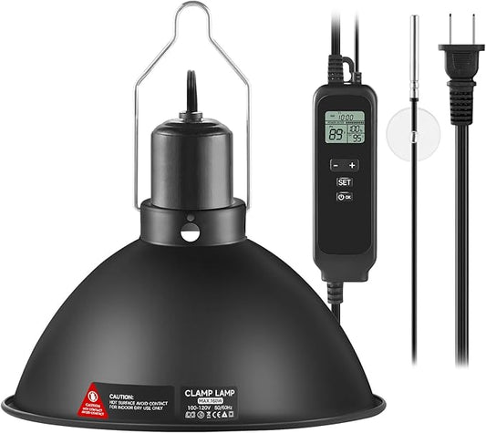 8.5 inch Reptile Heat Lamp Fixture with Thermostat and Timer,Reptile Light Fixture with Dimming Thermostat Max 150W,PID Temperature Controller for UVB Lights,Basking Heat bulbs and Terrariums