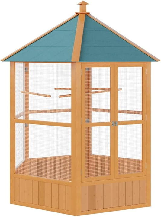 59" Large Wooden Hexagonal Outdoor Aviary Flight Bird Cage with Covered Roof, Green
