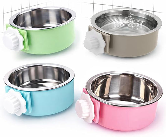 4 Pieces Crate Dog Bowl, Removable Stainless Steel Pet Kennel Hanging Food Water Feeder Bowl Cage Coop Cup for Puppy Medium Dog Cat Rabbit Ferret Bird