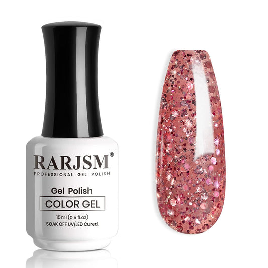 Rarjsm Rose Glitter Gel Nail Polish Big Flakes Diamond Sparkly Chunky Rose Pink Shimmer Pigments Nail Gel Polish Soak Off Led Uv