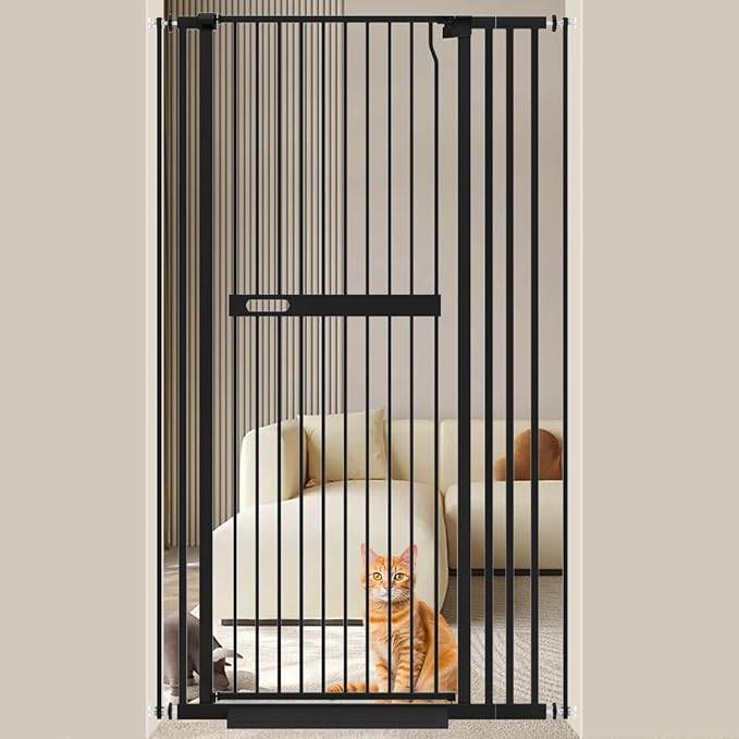 WAOWAO 71" Extra Tall Cat Pet Gate 29.92-37.79" Wide Pressure Mounted Walk Through Swing Auto Close Safety Black Metal Dog Pet Puppy Cat for Indoor Stairs,Doorways