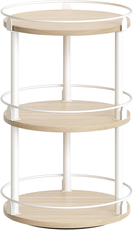 Lazy Susan Organizer, Rotating Spice Rack, 3 Tier Spice Turntable Organizer, Industrial Turntable Spice Holder, for Kitchen Countertop, Compact and Versatile, White and Light Oak SR23WG