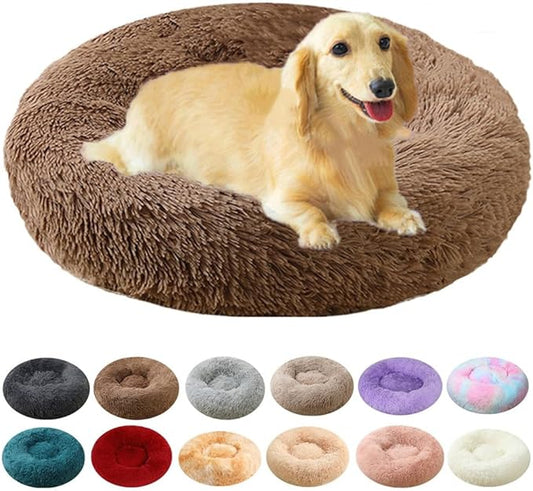 Calming Dog & Cat Bed, 24 Inch Anti-Anxiety Donut Cuddler Cat Bed with Anti-Slip Bottom, Washable Round Fluffy Pet Bed for Small Medium Dogs and Cats (Coffee)