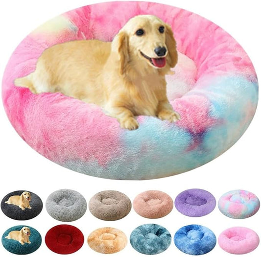 Calming Small Dog Bed & Cat Bed, 16 Inch Donut Fluffy Anti-Anxiety Round Bed Washable Cute Bed, Cuddler Warming Cozy Soft Bed, Plush Cushion Bed for Small Medium Dogs and Cats (Rainbow)