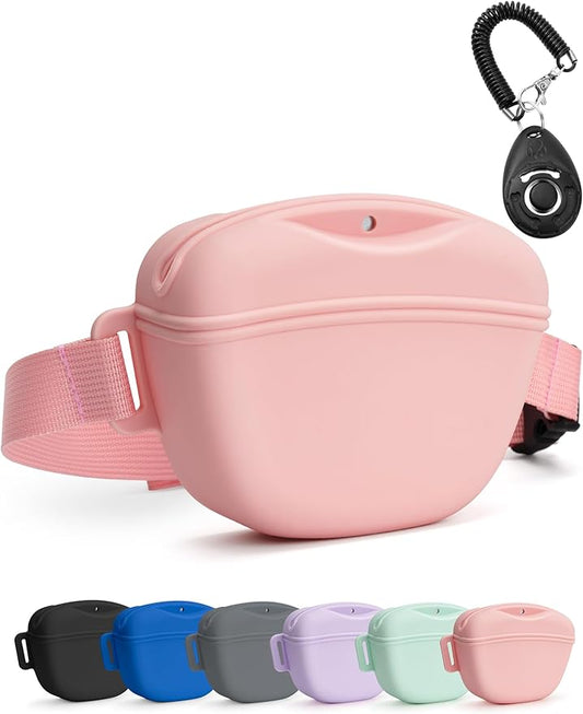 Dog Treat Pouch with Training Clicker, Upgrade Stronger Magnetic Closure to Avoid Spilling, 1.67 Cup Silicone Treat Bag Fanny Pack with Waist Belt for Pet Training Walking (Pink)