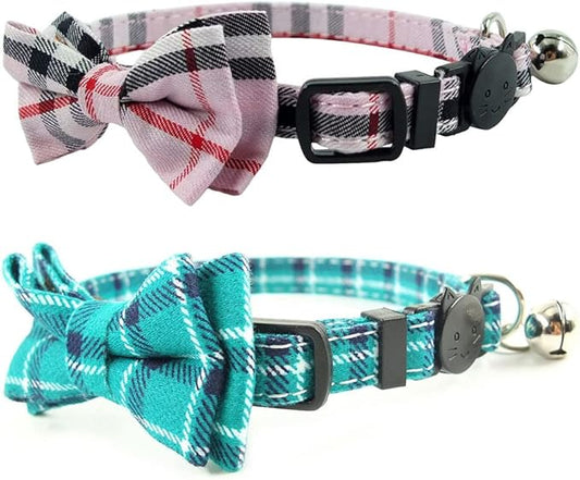 Cat Collar Breakaway with Bell and Bow Tie, Plaid Design Adjustable Safety Kitty Kitten Collars Set of 2 PCS(6.8-10.8in) (Pink&Cyan Plaid)
