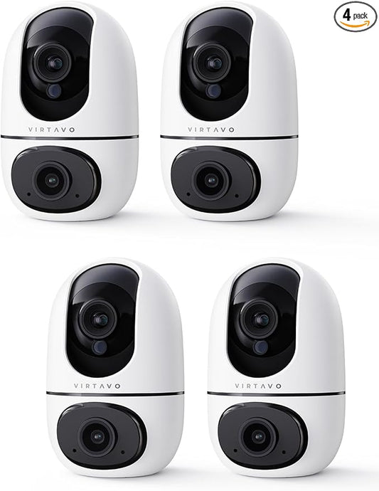 VIRTAVO Indoor Pet & Baby Camera, No Subscription Required, Dual-Lens 360° PTZ, Motion Tracking, 2-Way Audio, Night Vision, Cloud/SD Storage, Phone App, WiFi, 4-Pack, Power Adapter Included