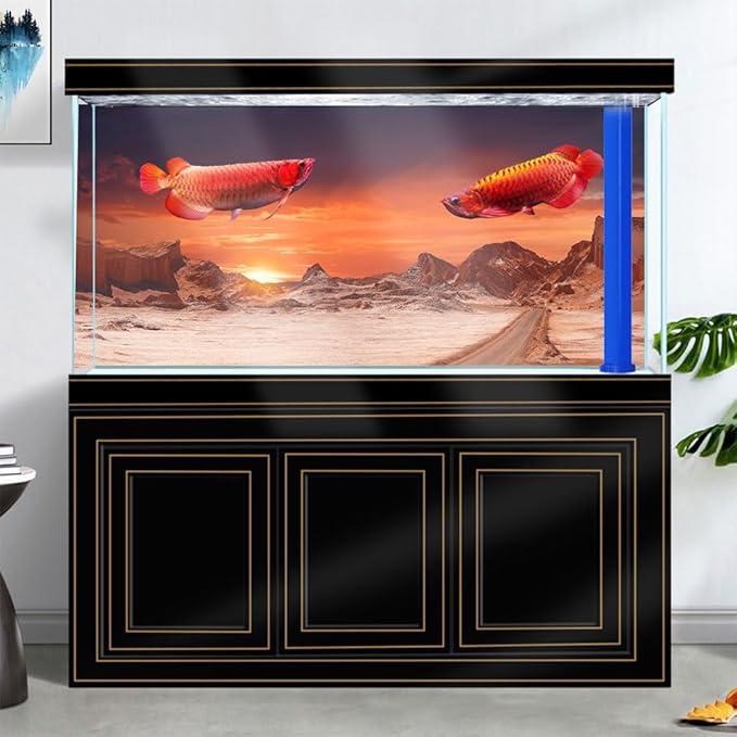 36X18IN Sun and Desert Moon Themed Reptile Habitat on Orange Durable Decorative Background, Terrarium Background with 10EVA Double-Sided Tape