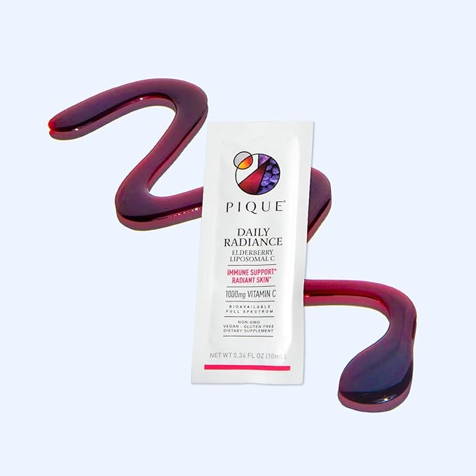 PIQUE Daily Radiance Liposomal Vitamin C for Immune Support - 1,000 mg Vitamin C & 1,900 mg Elderberry per Packet, Powerful Antioxidants for Healthy Collagen Production - 28 Packets (10mL Each)