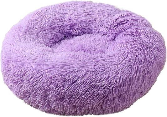 Calming Faux Fur Dog Beds Calming Donut Cuddler Dog Bed Washable Round Cat Bed Pillow Cuddler Fluffy Indoor Dog Calming Beds with Anti Slip Bottom Solid Color Purple 47 Inch