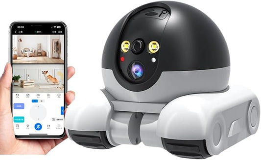Yoidesu Camera Robot, Movable Pet Cam with Wheels, 1080P 2MP Dual-Lens HD WiFi Security Camera with Phone App, Support 2 Way Talk Tracking for Cat Dog Baby