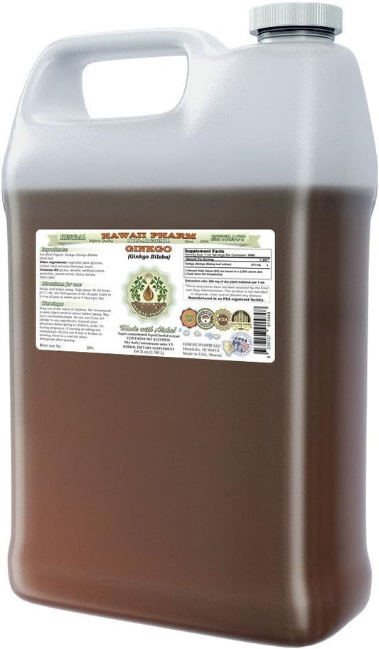 Ginkgo Alcohol-Free Liquid Extract, Organic Ginkgo (Ginkgo Biloba) Dried Leaf Glycerite Hawaii Pharm Natural Herbal Supplement 64 oz