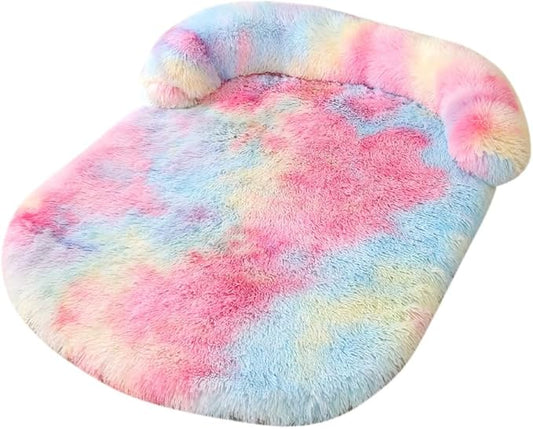 Calming Dog Bed - Fluffy Plush Mat with Removable Washable Cover | Furniture Protector for Large Dogs & Cats(Rainbow Colors,47.24X29.53X5.91in)