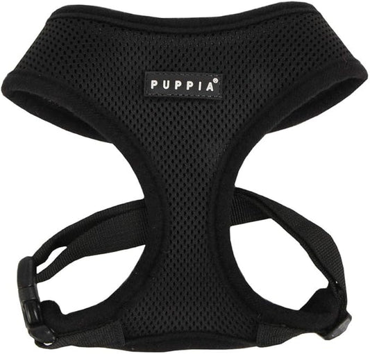 Puppia Soft Dog Harness No Choke Over-The-Head Triple Layered Breathable Mesh Adjustable Chest Belt and Quick-Release Buckle, Black, Large