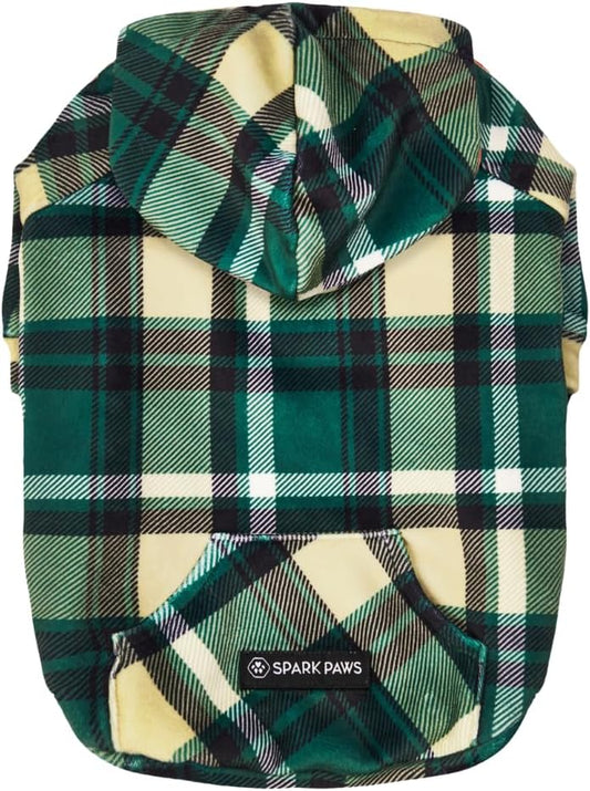 Spark Paws Dog Hoodie – Premium Dog Sweater for Small, Medium, and Large Dogs | Warm Outfits for French Bulldogs, Pitbull, Puppy, Winter Jacket Alternative - Green Plaid - S
