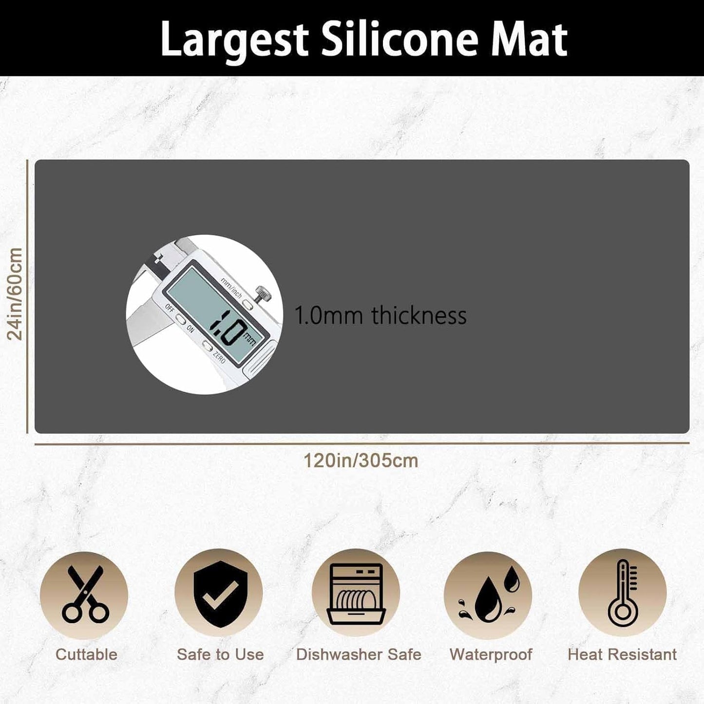 Super Large Silicone Mat, 120"x24" Silicone Mats for Kitchen Counter, Non-slip Heat Resistant Mat,Thicken Kitchen Counter Mat, Waterproof Countertop Protector for Craft (Black)