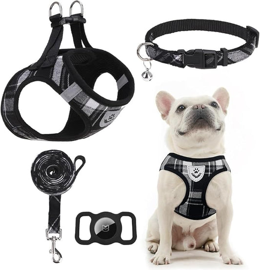 EXPAWLORER Classic Plaid Puppy Harness - Dog Collar and Leash - Soft Mesh Padded Adjustable Step in Small Dog Vest Harness No Pull, Reflective Escape Proof for Outdoor Walking, Black L
