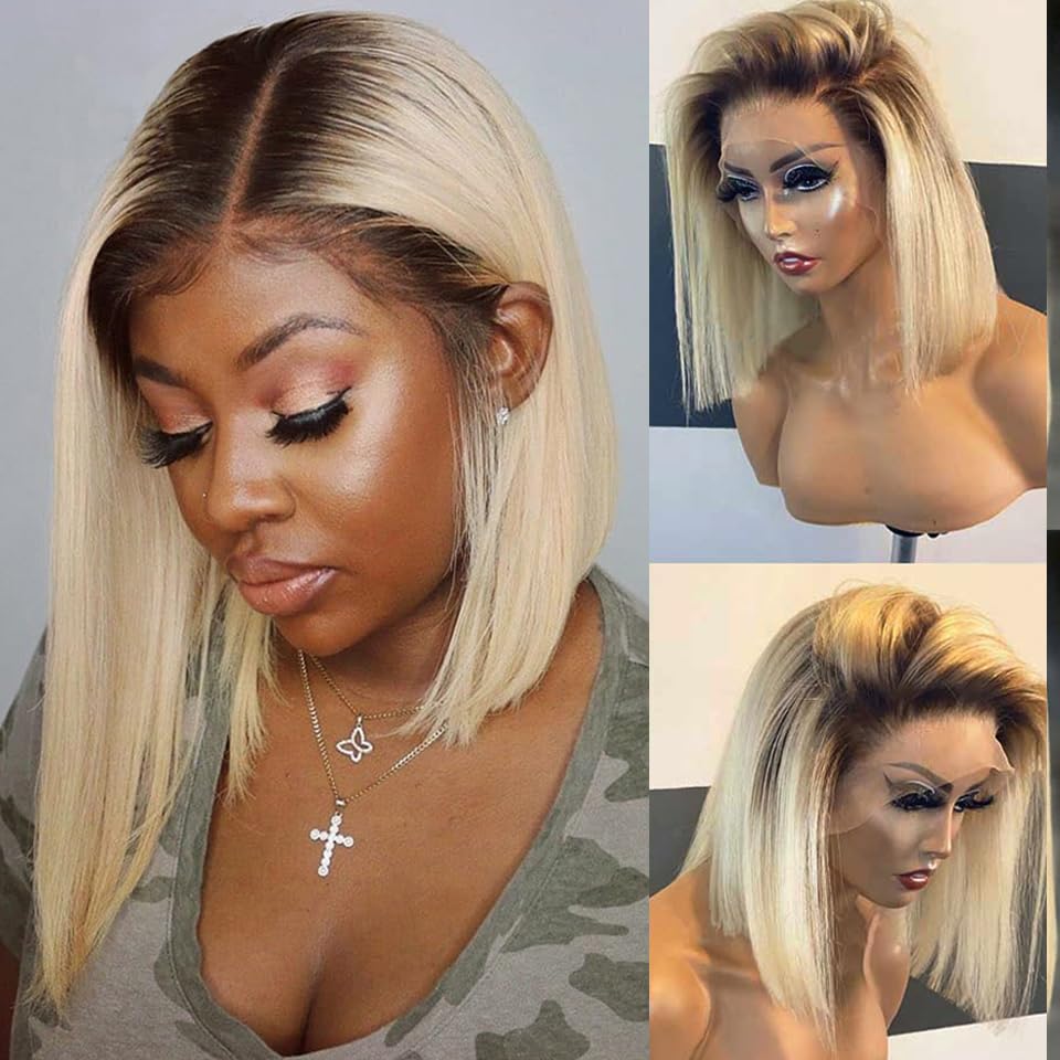Ombre 613 Blonde Bob Lace Front Wigs Black To Blonde Dark Roots Colored Human Hair Wigs Glueless 13X4 Hd Straight Brazilian Virg