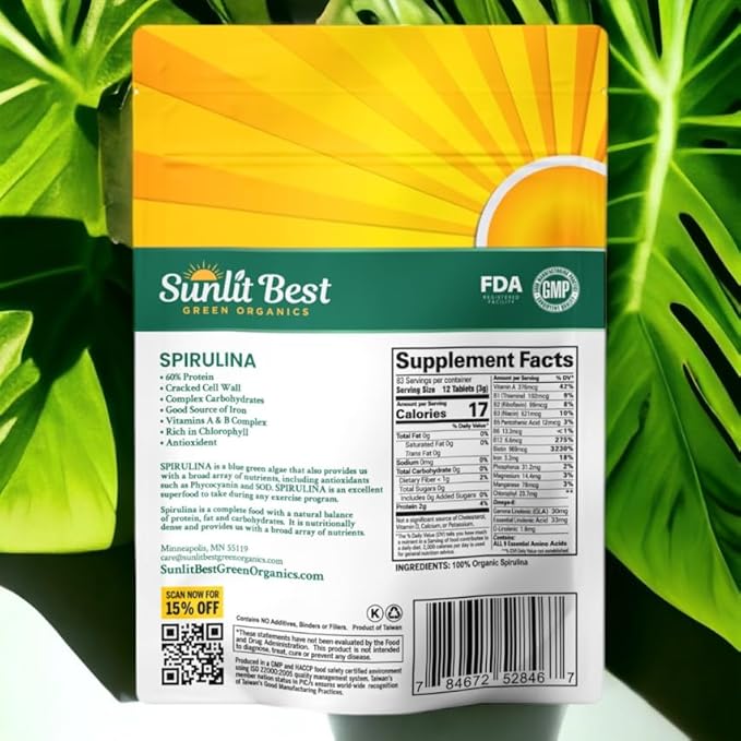 Sunlit Best - USDA Organic Spirulina Tablet - Natural Super Greens Supplements for Immune Support, Gut Health & Boost Energy Tablets with Chlorophyll, Vegan & High Protein Non GMO, 1000 Superfood Tabs