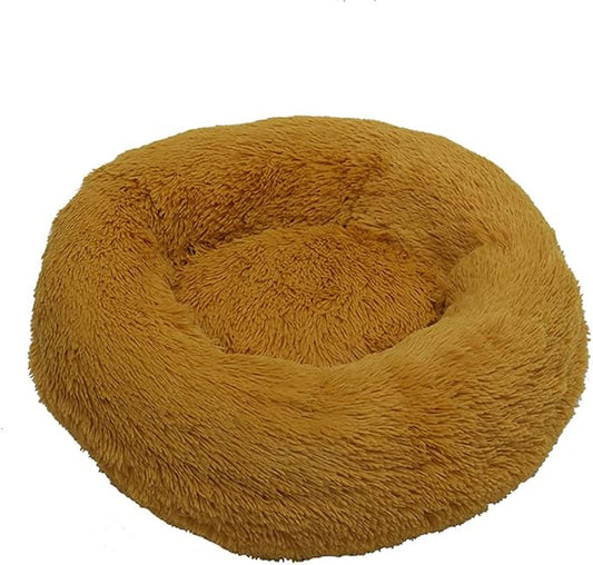 Calming Faux Fur Dog Beds Calming Donut Cuddler Dog Bed Washable Round Cat Bed Pillow Cuddler Fluffy Indoor Dog Calming Beds with Anti Slip Bottom Solid Color Yellow 23 Inch