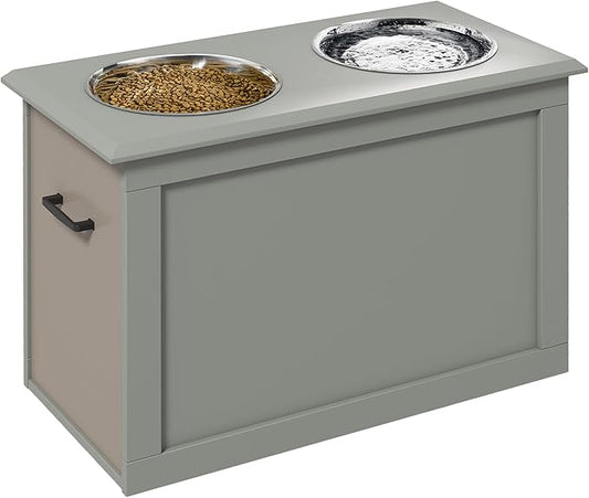 PawHut Raised Pet Feeding Storage Station with 2 Stainless Steel Bowls Base for Large Dogs and Other Large Pets, Gray