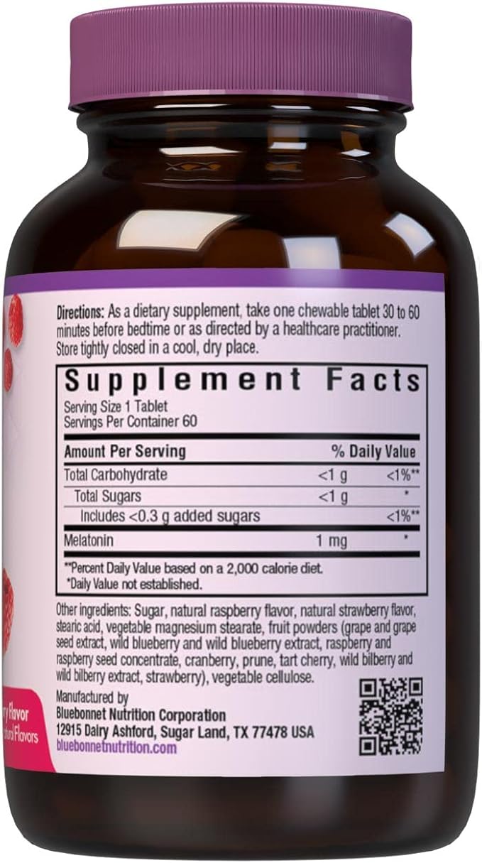 Bluebonnet Nutrition EarthSweet Melatonin 1 mg Fast-Acting Quick Dissolve Nighttime Relaxation & Restful Sleep Support - Sleep Aid - Gluten-Free, Vegan - Flavor - Chewable Tablets Raspberry