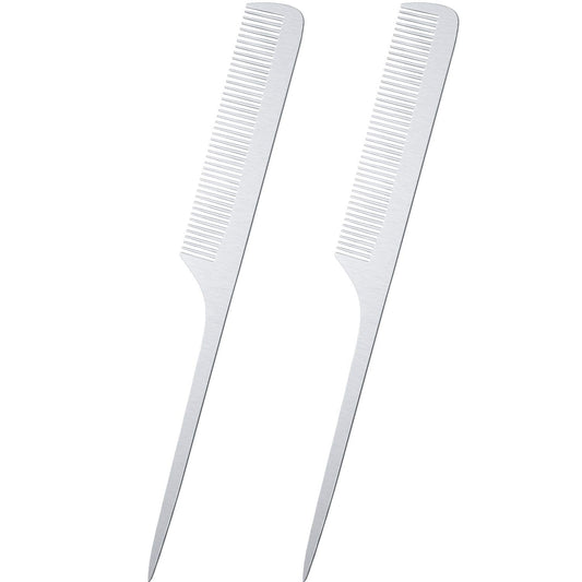 2 Pieces Metal Rat Tail Hair Styling Combs - Silver Fine Teasing Pintail Barber Combs For Cutting And Styling, Stainless Steel