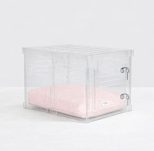 Clear Acrylic Medium Dog Crate Furniture with Blush Cushion for Medium Dogs up to 40 lbs, 3 in 1 Pet Crate and Gate, Modern Furniture Style Indoor Kennel, Dual Silver Latch, 20 x 30 x 22 in