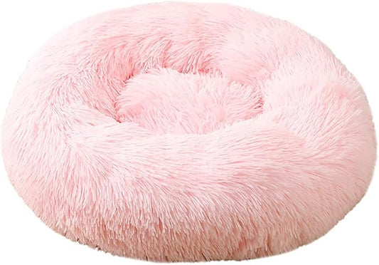 Calming Faux Fur Dog Beds Calming Donut Cuddler Dog Bed Washable Round Cat Bed Pillow Cuddler Fluffy Indoor Dog Calming Beds with Anti Slip Bottom Solid Color Light Pink 21 Inch