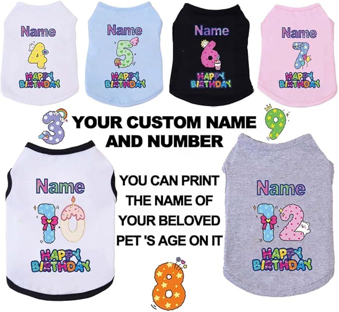 Custom Dog Birthday Shirt,Personalized Pet Apparel Print with Name Age Number,Pet Birthday Outfit,Lightweight Breathable Cotton Vest for Small Medium Large Dogs Cat (White, XX-Large)
