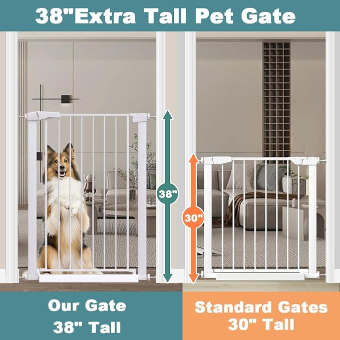 Fairy Baby 24.0"-26.7" Inch Narrow Baby Gate, 38" Extra Tall Dog Gate for Stairs & Doorways, Metal Safety Child Gate for Kids and Pets, Pressure Mounted Gate Fence No Drill, White