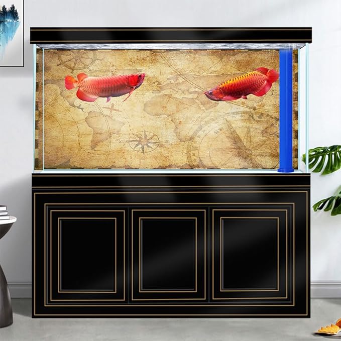 24X16IN Retro Old Travel World Map Terrarium Background, Art Parchment Pirate Treasure Map Reptile Habitat Background with 10EVA Double-Sided Tape
