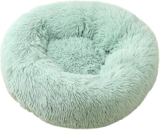 Calming Faux Fur Dog Beds Calming Donut Cuddler Dog Bed Washable Round Cat Bed Pillow Cuddler Fluffy Indoor Dog Calming Beds with Anti Slip Bottom Solid Color Green Blue 21 Inch