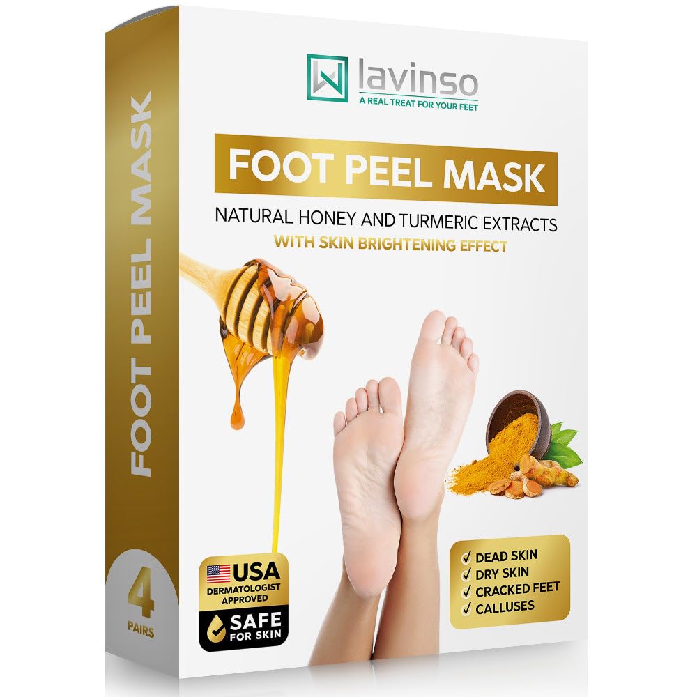 Lavinso Honey Feet Peeling Mask For Dry Cracked Feet - 4 Pack - With Kojic Acid Skin Brightening Effect - Exfoliating Dead Skin