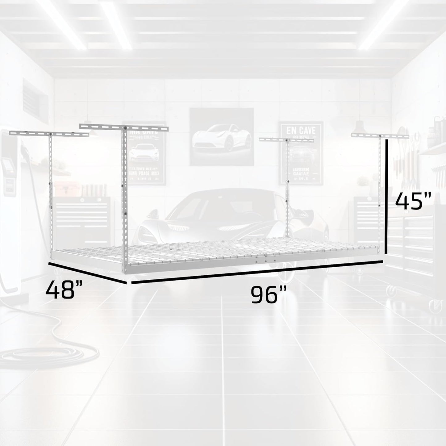 MonsterRax Overhead Garage Storage Rack - 4 x 8 Ceiling Shelving, Adjustable Hanging Racks, Color: White, 24"-45" Ceiling Drop.