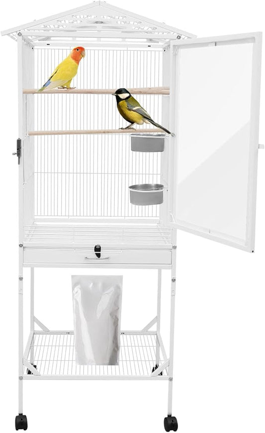 53.5 Inch Iron Bird Cage, Large Bird Aviary with Wheels for Parakeets, White Bird House with Detachable Stand and Pull-Out Tray for Cockatiels, Parrots, Lovebirds, Canaries