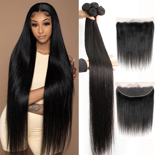 Yisea Human Hair Bundles With Lace Frontal (14 16 18 20+12 Frontal) Straight Hair 4 Bundles With 13X4 Lace Closure Frontal 100%