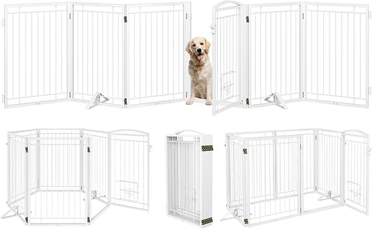 Metal Freestanding Dog Gate with Cat Door for Indoor&Outdoor,120" Extra Wide Foldable Pet Gate,32" Tall Foldable Indoor Dog Fence for Wide Openings Stairs,Deck,Yard,Doorways(6 Panels,White)