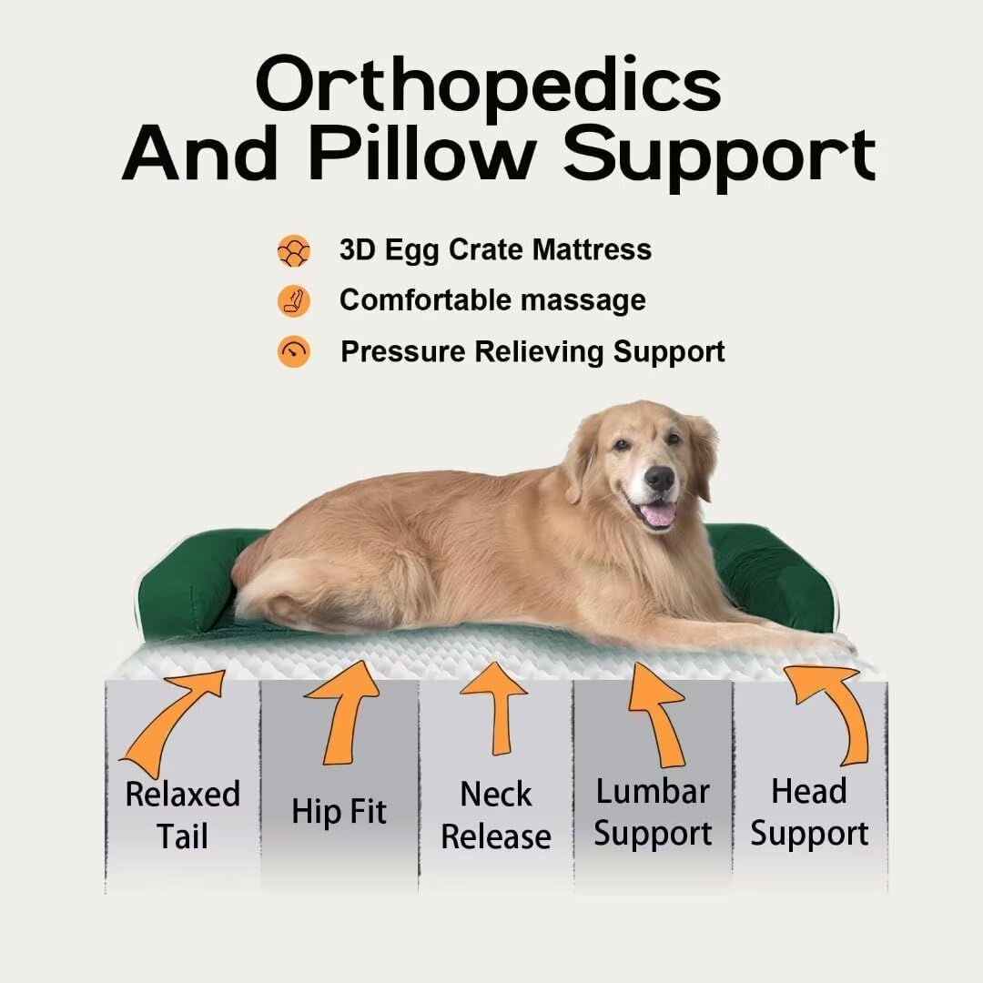 Orthopedic Large Dog Bed Washable, Orthopedic Emerald Dog Beds with Egg Foam Support, Removable, Machine Washable Plush Cover and Non-Slip Bottom for Extra Large Dogs