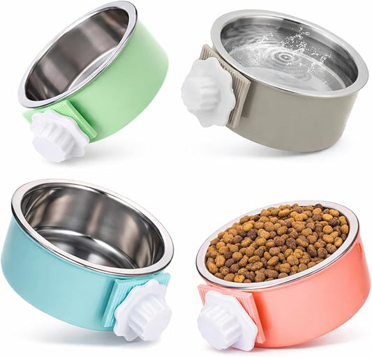 HERCOCCI 4 Pack Dog Crate Bowls, Hanging Removable Stainless Steel Food and Water Bowls for Puppies, Small Dogs, Cats, Rabbits & Ferrets (Blue, Green, Red, Grey)