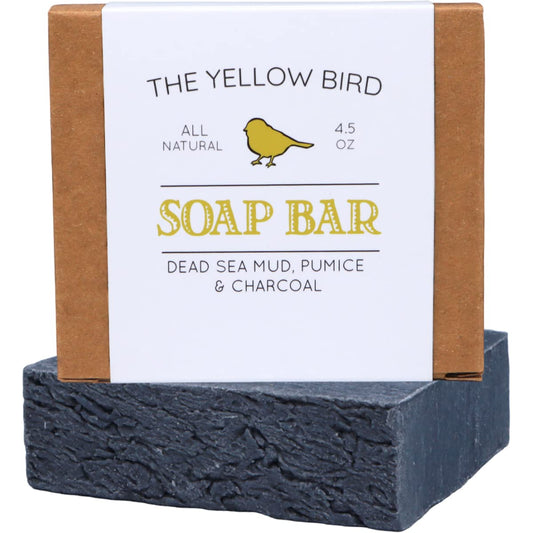 The Yellow Bird Dead Sea Mud Soap Bar - With Exfoliating Pumice Scrub & Detoxifying Charcoal. Organic & Natural Essential Oils.