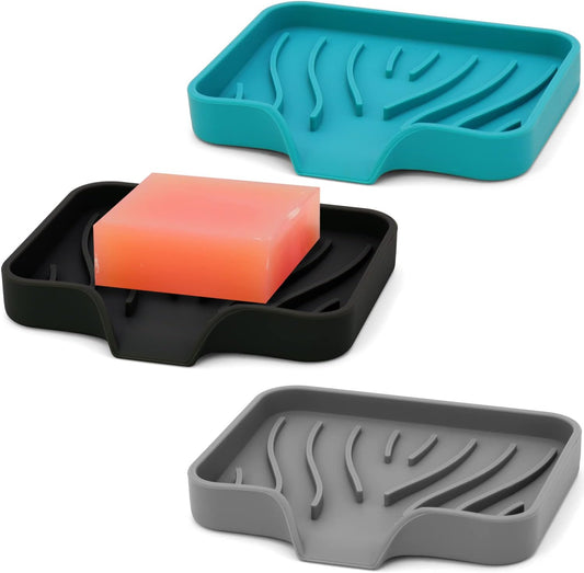 3-Pack Premium Soap Dishes, Easy to Clean Soft Silicone Self Draining Tray/Holder for Shower, Bathroom, Kitchen, Bathtub - Keep Soap Dry, Extend Life