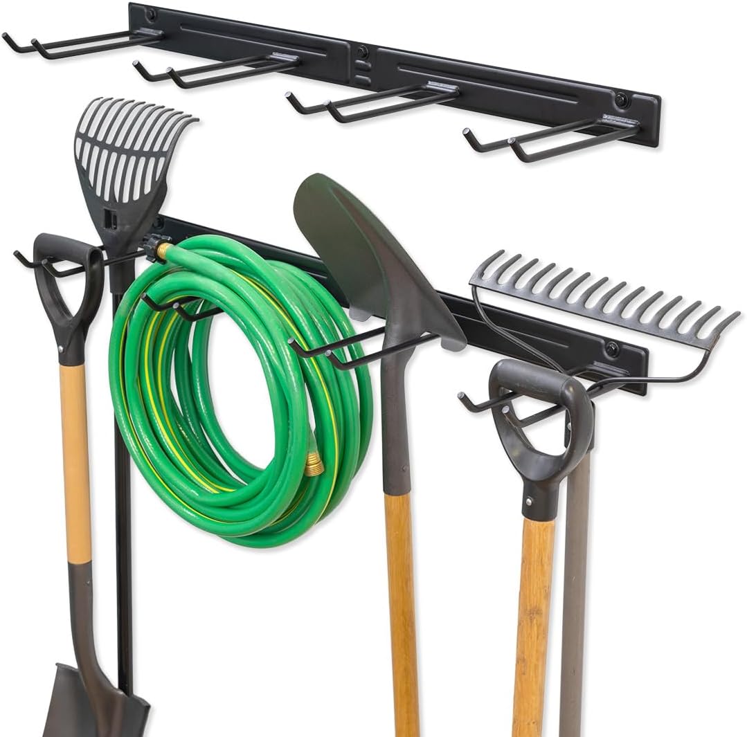 StoreYourBoard Wall-Mounted Rack With 4 Garage Hooks – Heavy-Duty Steel Holder Garage & Garden Storage for Shed, Workshop, or Home Organization – For Rakes, Shovels, Tools & More – 2 Pack, Black