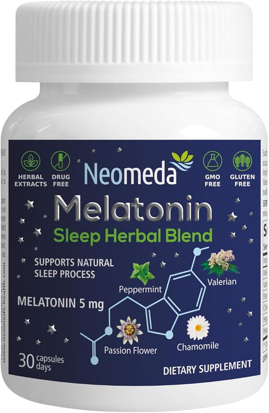 Melatonin Sleep Herbal Blend - Natural Support for Restful Nights with 5mg Melatonin & Calming Herbs - Drug-Free Dietary Supplement, 30 Capsules, 30-Day Supply