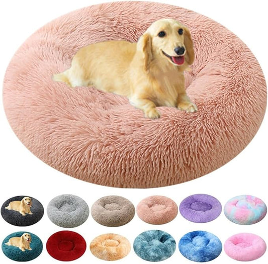 Calming Large Dog Bed & Cat Bed, 43 Inch Anti-Anxiety Donut Dog Cuddler Cat Bed, Warming Cozy Soft Dog Round Bed, Fluffy Faux Fur Machine Washable Pet Cushion for Medium Dogs & Cats (Pink)