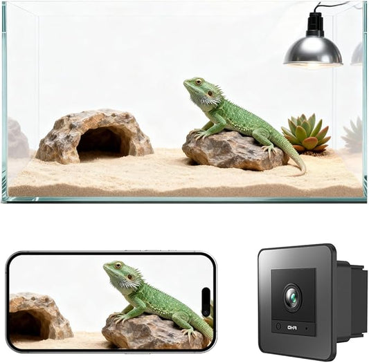 2K HD Reptile Tank WiFi Camera, 140° Wide-Angle Night Vision for Bearded Dragon, Gecko, Chameleon & Exotic Lizards, Anti-Glare Glass Mount, Two-Way Audio, AI Motion Alerts, 24/7 Recording