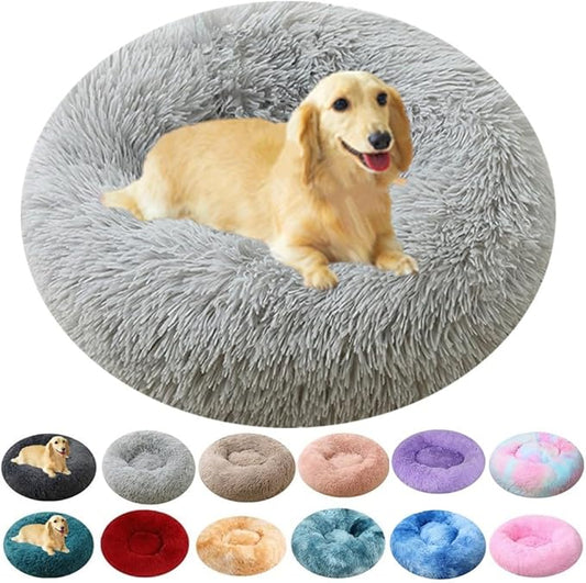 Calming Small Dog Bed & Cat Bed, 16 Inch Donut Fluffy Anti-Anxiety Round Bed Washable Cute Bed, Cuddler Warming Cozy Soft Bed, Plush Cushion Bed for Small Medium Dogs and Cats (Light Grey)