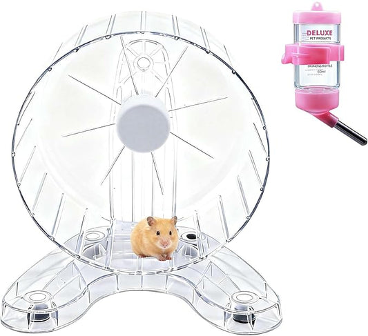 6.5" Super Silent Hamster Wheel with Stand & Water Bottle – Ultra Quiet Exercise Running Wheel for Gerbils, Syrian & Dwarf Hamsters, Chinchillas, Small Pets – Noiseless Spinning Design, Clear