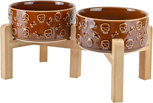 SPUNKYJUNKY Elevated Dog Bowls Ceramic, 6.1'' Dogs and Cat Food Water Bowls Raised with Non-Slip Bamboo Stand for Medium Sized Breed Microwave Dishwasher Safe - 28.7 OZ,Skull Bronze