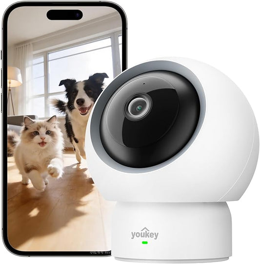 youkey 2.5K HD Indoor Pet Camera, Two-Way Audio Chat to Your Pets, 360° AI Pet Tracking, Privacy Mode, No Monthly Fees, Pet/Human Detection, Night Vision, WiFi 6（2.4GHz & 5GHz）